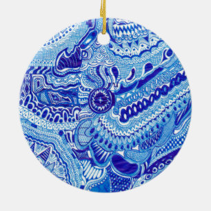 Patroonkunst in Royal Blue en White Ming Keramisch Ornament