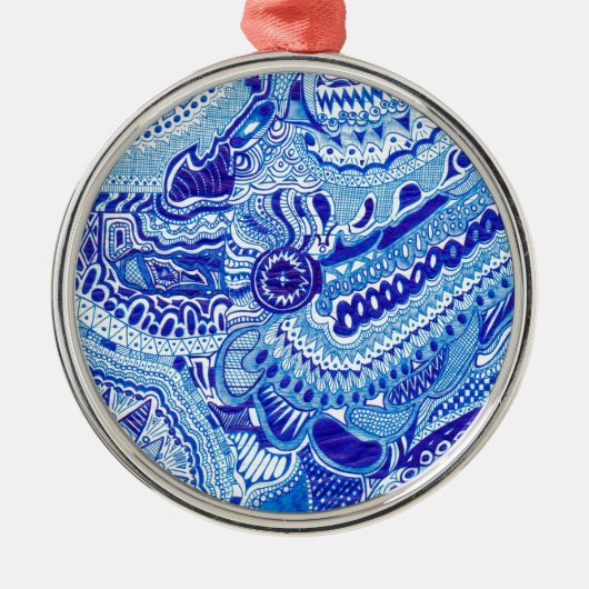 Patroonkunst in Royal Blue en White Ming Metalen Ornament (Voorkant)