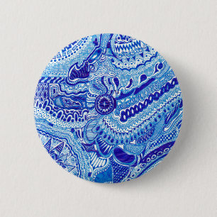 Patroonkunst in Royal Blue en White Ming Ronde Button 5,7 Cm
