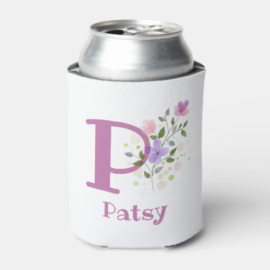 Patsy naam met een bloemendesign blikjeskoeler (Blikje Voorkant)