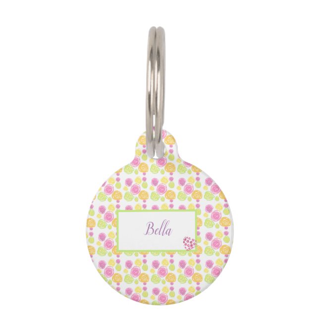 Pattern Chic Roos Simple Pink Floral Green Huisdierpenning (Voorkant)