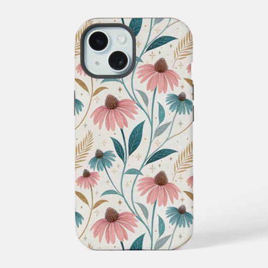 Pattern Echineceas Glitter iPhone 15 Hoesje (Achterkant)