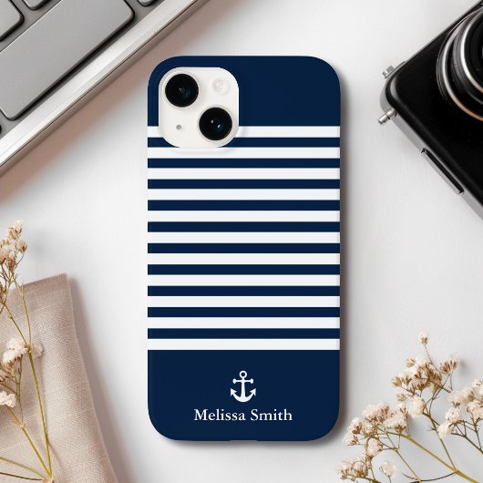 Pattern Navy blue and white bands Blue Navy Case-Mate iPhone Case