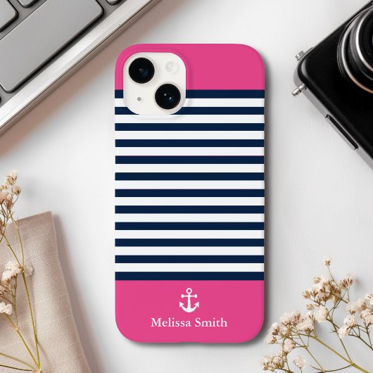 Pattern Navy blue and white bands pink background Case-Mate iPhone Case