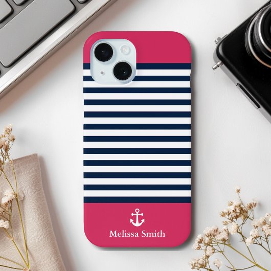 Pattern Navy blue and white bands Red background Case-Mate iPhone Case