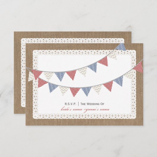Patterned Bunting Burlap & Lace Geïnspireerd RSVP (Voorkant / Achterkant)