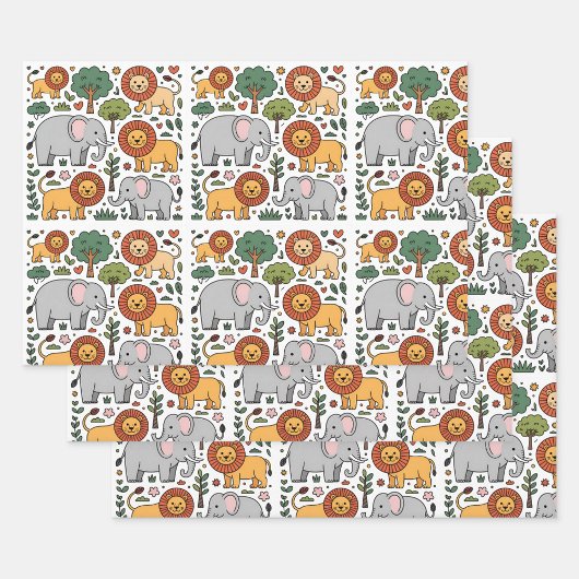 Patterned design featuring elephants, lions. inpakpapier vel