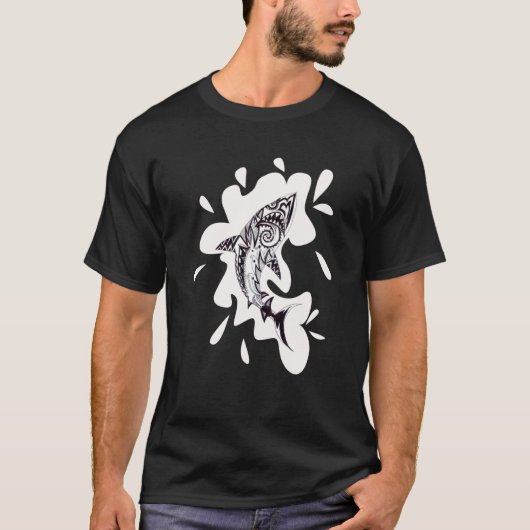 Patterned exotic shark artwork black and white Meh T-shirt (Voorkant)