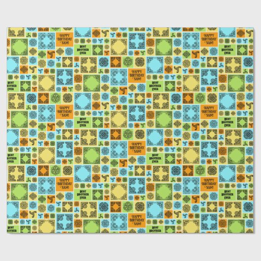 Patterned Tiles Birthday Add The Text Orange Green Cadeaupapier (Vlak)