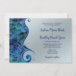 Paua Blue Silver Floral Scroll Wedding Kaart