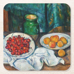 Paul Cezanne - Stilleven met Cherries en perachs Vierkante Kartonnen Onderzetter