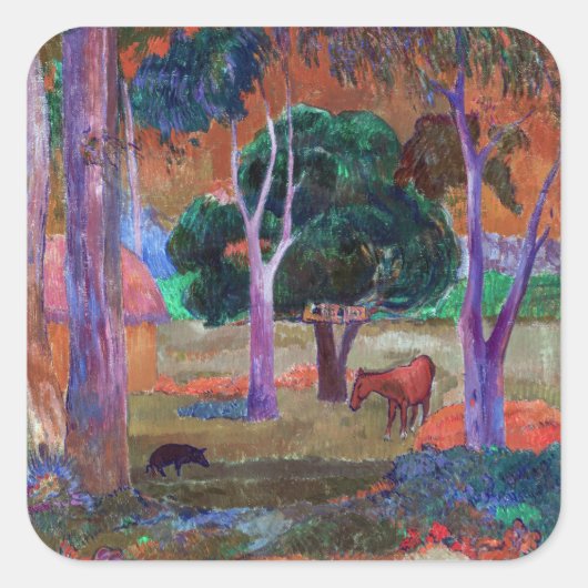 Paul Gauguin - Landschap met een Pig en een Paard Vierkante Sticker (Voorkant)