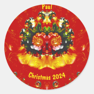 PAUL~ KERSTMIS Rood Groen Geel Fractal ~ Ronde Sticker