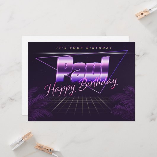 Paul Nom prénom carte rétro lilas anniversaire (Devant/Arrière en situation)