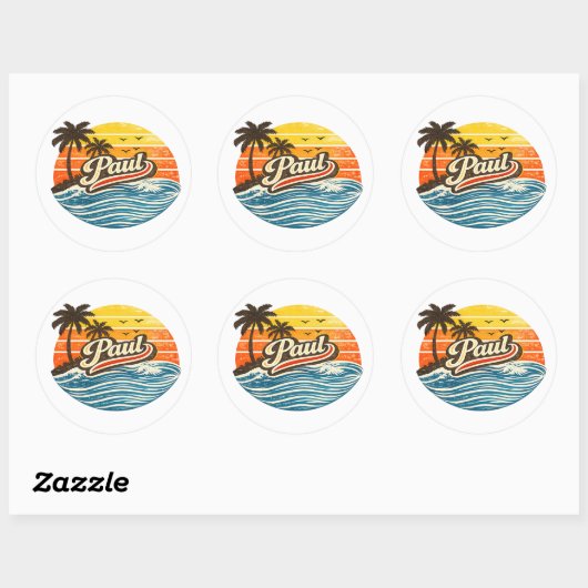 Paul Retro Sunset Name Design Ronde Sticker (Vel)