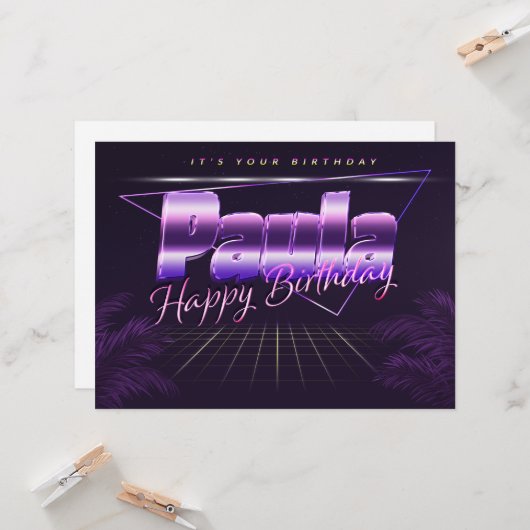 Paula Nom Prénom carte rétro lilas Anniversaire (Devant/Arrière en situation)