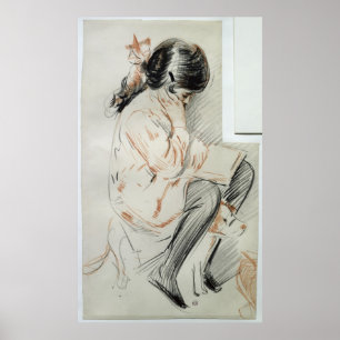 Paulette Reading Sitting on her Speelgoed Dog Poster