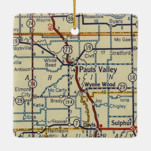 Pauls Valley OK Retro Map Keramisch Ornament (Achterkant)