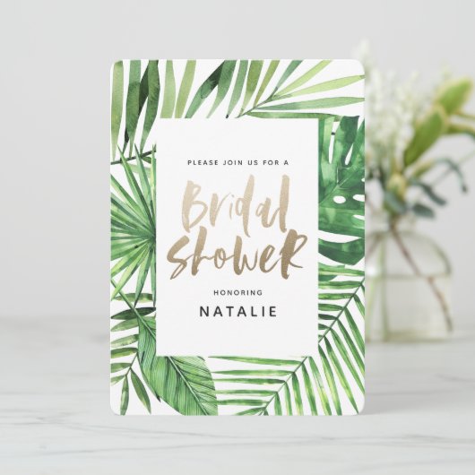 Paume tropicale et script or invitation douche nup (Debout devant)