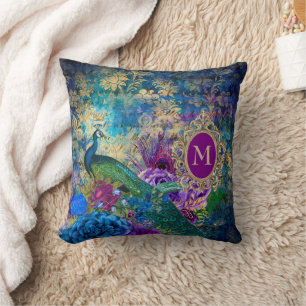 Pauw Elegante Vintage Paarse Turquoise Gouden Mono Kussen