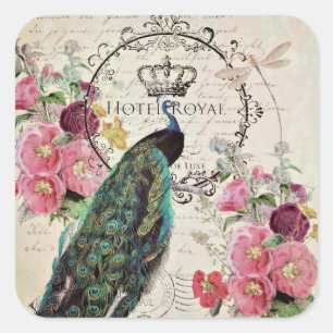 Pauw en lentebloemen vierkante sticker