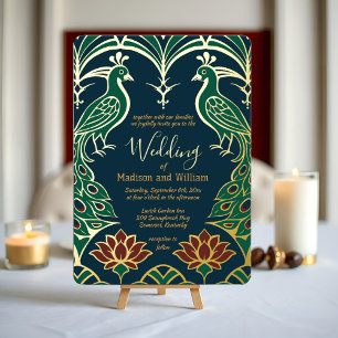 Pauw en Lotus Bruiloft Elegant Deco Koninklijk Bla Folie Uitnodiging