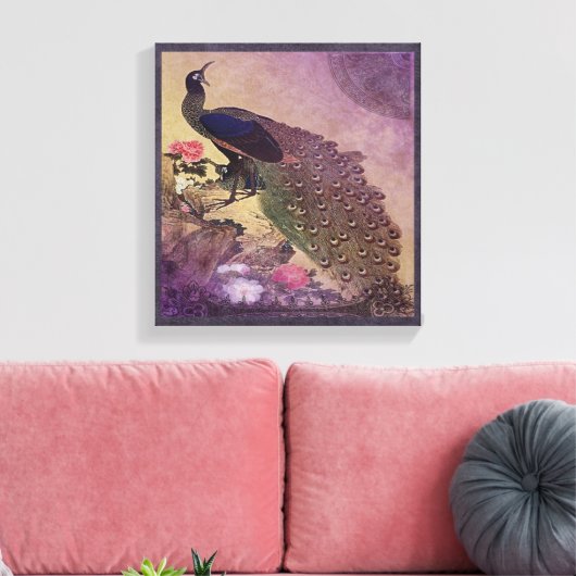 pauw en pioenen in het Paarse Canvas Afdruk (Insitu (Woonkamer))