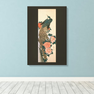 Pauw en Pioenrozen door Hiroshige, Japanse Kunst Canvas Afdruk