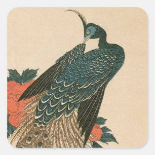 Pauw en Pioenrozen door Hiroshige, Japanse Kunst Vierkante Sticker