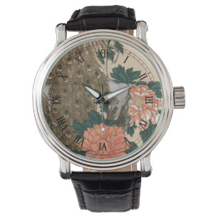Pauw en Pioenrozen van Hiroshige, Japanse Kunst Horloge