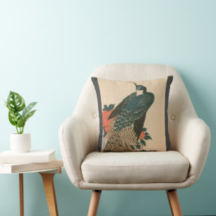 Pauw en Pioenrozen van Hiroshige, Japanse Kunst Kussen