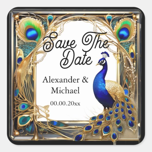 Pauw en veren art nouveau save the date vierkante sticker (Voorkant)
