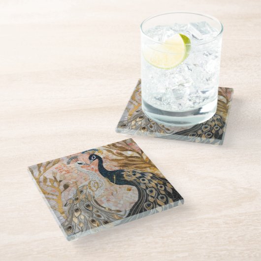 Pauw Golden Glitter Liefde Blush Roos Glazen Onderzetter (Schuin)