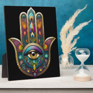 Pauw Kleuren Hamsa met Gouden Derde Oog Fotoplaat