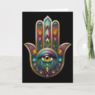 Pauw Kleuren Hamsa met Gouden Derde Oog Kaart
