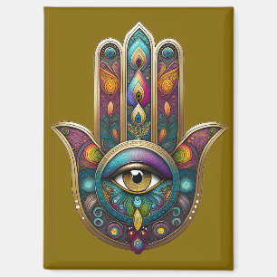 Pauw Kleuren Hamsa met Gouden Derde Oog Magneet