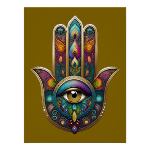 Pauw Kleuren Hamsa met Gouden Derde Oog Perfect Poster
