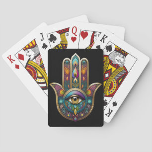 Pauw Kleuren Hamsa met Gouden Derde Oog Pokerkaarten