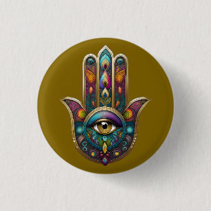 Pauw Kleuren Hamsa met Gouden Derde Oog Ronde Button 3,2 Cm
