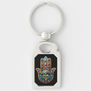Pauw Kleuren Hamsa met Gouden Derde Oog Sleutelhanger
