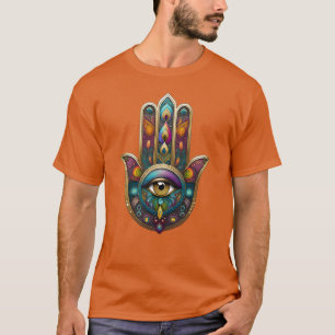Pauw Kleuren Hamsa met Gouden Derde Oog T-shirt