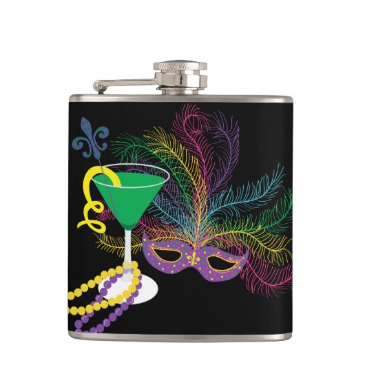 Pauw masker en Martini Mardi Gras Heupfles (Voorkant)