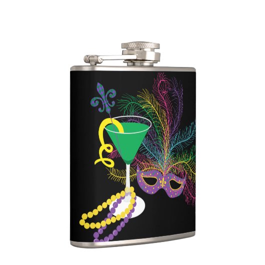 Pauw masker en Martini Mardi Gras Heupfles (Rechts)