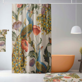  pauw met roze en Paarse klaprozen Douchegordijn