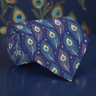 Pauw Pauwin op Blauwe Patroon Necktie Knoop Stropdas