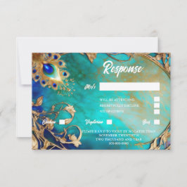 Pauw veer blauw goud gemarmerde achtergrond RSVP kaartje