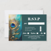 Pauw veer gemarmerd donker blauwgroen luxe elegant RSVP kaartje (Voorkant)
