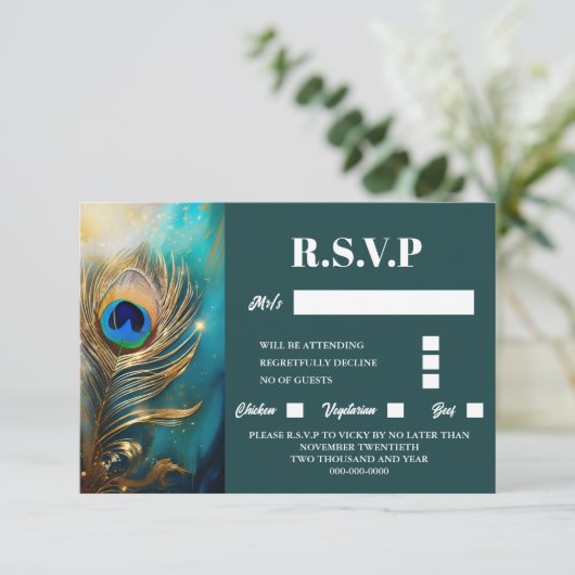 Pauw veer gemarmerd donker blauwgroen luxe elegant RSVP kaartje (Staand voorkant)