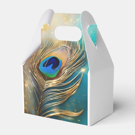 Pauw veer luxe pluim blauwgroen wit bedankdoosjes (Voorkant Zijde)