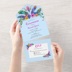 Pauw veren & bloemen Baby Blue Quinceañera All In One Uitnodiging
